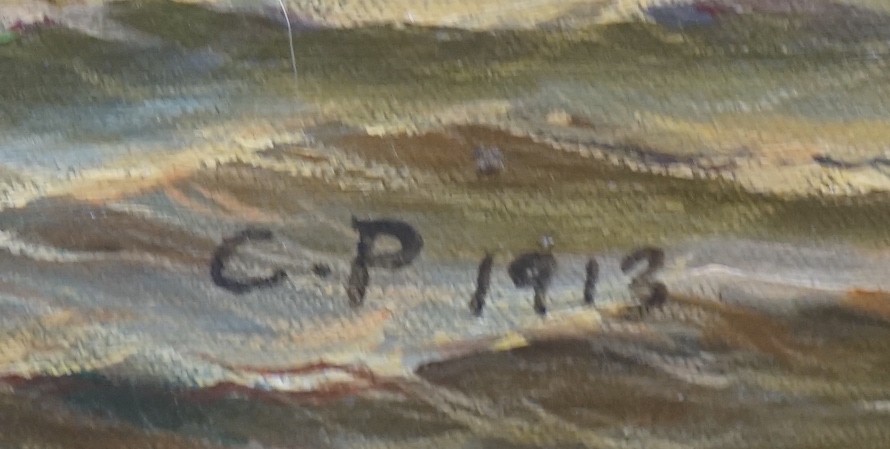 English School, oil on canvas, 'The Titanic leaving harbour', bears initials CP and date 1913, 74 x 100cm